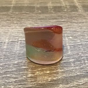Red Pink & Gold Foil Art Glass Ring Size 7.75, 15/16" Wide
